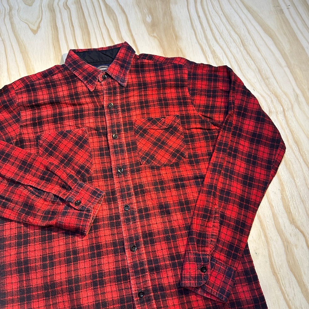 Towncraft Mens Medium Tall Red Black Plaid Flannel Button Down Shirt 100% Cotton